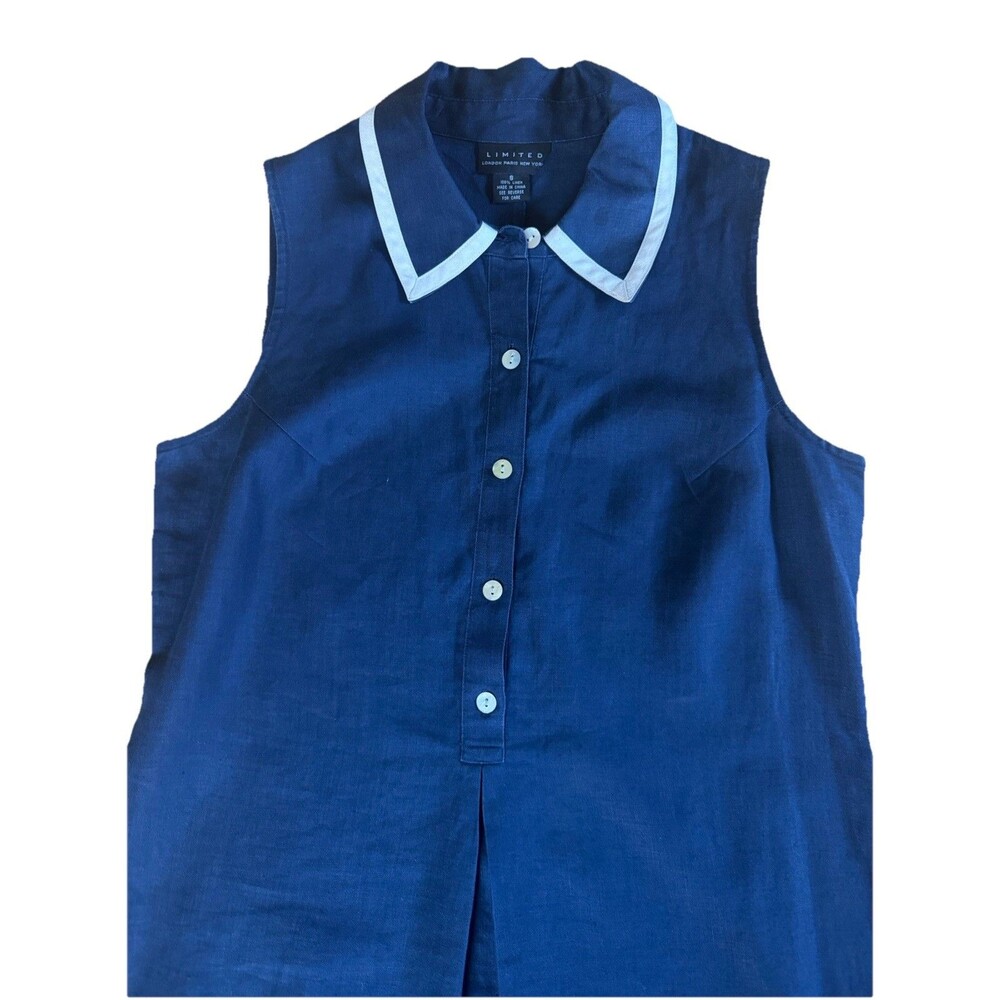 Limited 100% Linen Sleeveless Shirt Dress Navy Blue Small Collared Midi Button - Picture 2 of 8